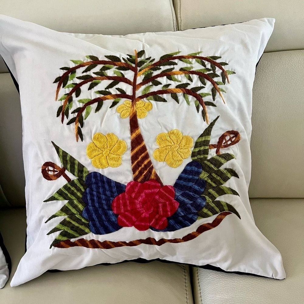 Tropical Embroidered Throw Pillow Set - White, Red, Yellow, Green - Picture 2 of 8